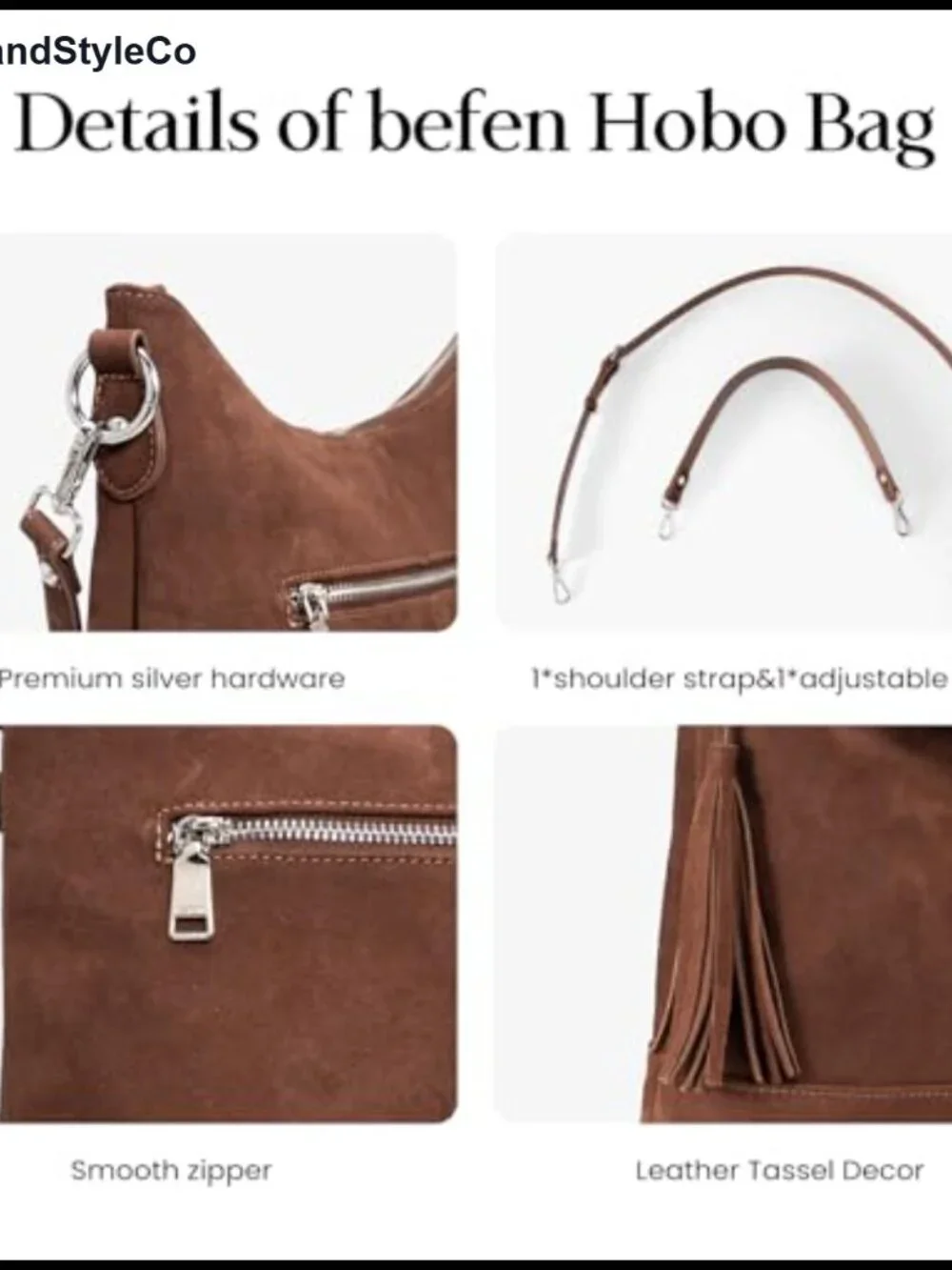 Genuine Leather Hobo Crossbody Bag for Women, Soft Suede, 2 Removable Straps,